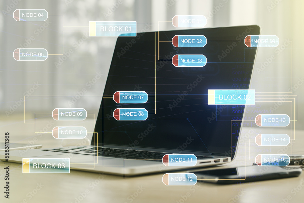 Poster double exposure of abstract creative programming illustration on computer background, big data and b