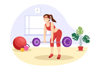 Weightlifting Sport Illustration with Athlete Lifts a Heavy Barbell, Gym Equipment and Bodybuilder Training in Flat Cartoon Hand Drawn Templates