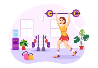 Weightlifting Sport Illustration with Athlete Lifts a Heavy Barbell, Gym Equipment and Bodybuilder Training in Flat Cartoon Hand Drawn Templates