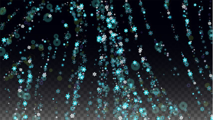 Christmas Vector Background with Falling Snowflakes  Isolated on Transparent Background. Realistic Snow Sparkle Pattern. Snowfall Overlay Print. Winter Sky. Realistic Snow. Happy Christmas, New Year.