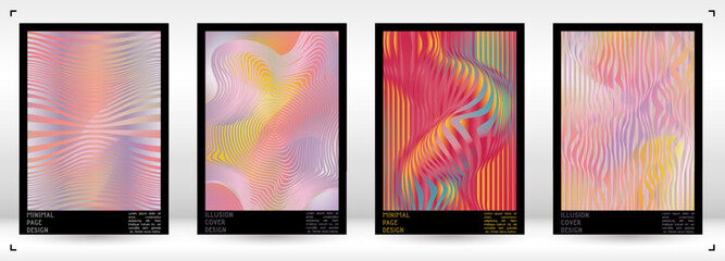 Geometrical Poster Design with Optical Illusion Effect.  Minimal Psychedelic Cover Page Collection. Colorful Wave Lines Background. Fluid Stripes Art. Swiss Design. Vector Illustration for Placard.