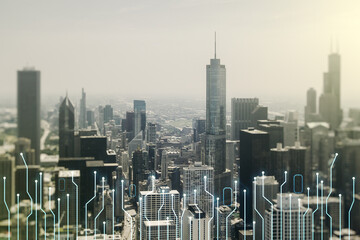 Abstract virtual micro circuit sketch on Chicago office buildings background, future technology and AI concept. Double exposure