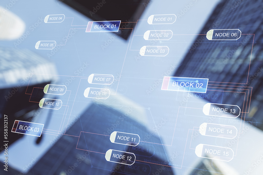 Fototapete multi exposure of abstract graphic coding sketch on modern architecture background, big data and net