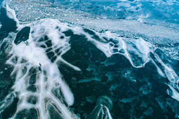 Aerial view of the frozen lake in winter