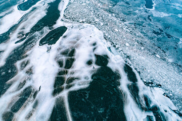 Aerial view of the frozen lake in winter