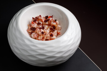 Fried shrimps served with plants in high cuisine manner