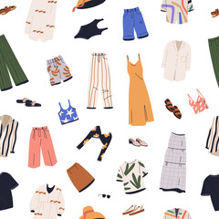 Seamless pattern with summer clothes, garments. Female apparel, repeating print. Endless backdrop, texture design with casual women wearing, accessories, dresses, sunglasses. Flat vector illustration
