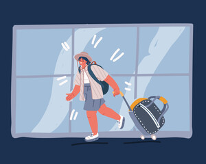 Simple flat cartoon of young couple walking with luggage at the airport, travel, vacation, vector illustration
