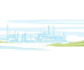 Obraz premium Industrial landscape of manufacturing factory buildings with smoke pipes in sunset. Flat style.