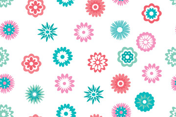 Seamless pattern of multicolored decorative flowers highlighted on a white background. Cute bright flowers, vector illustration