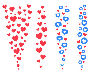 Flying hearts stream. Love likes emotions for social media. Positive reaction and feedback. Vector set