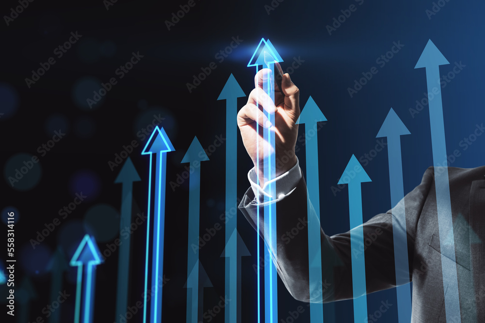 Poster business success and investing concept with man hand using stilus on digital touch screen with blue 
