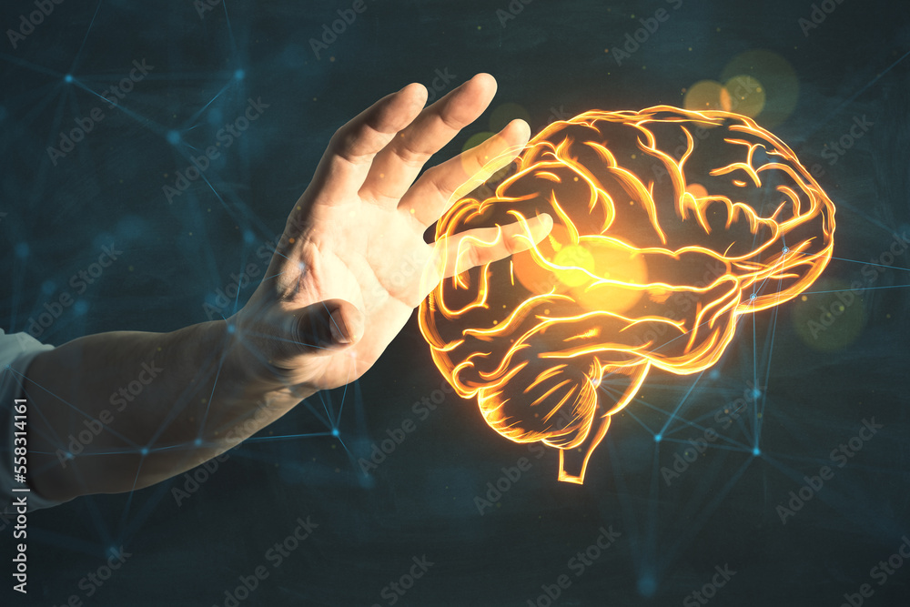 Aufkleber neural network and brainstorm think idea concept with man hand trying to touch digital glowing yello