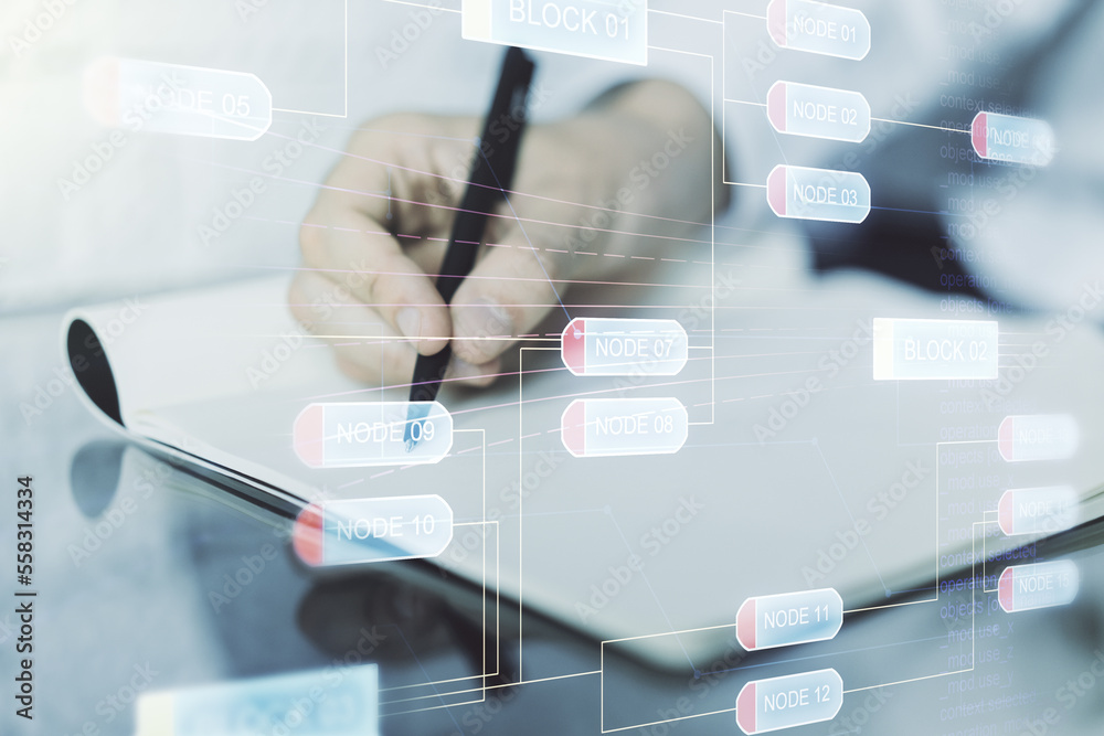 Poster double exposure of abstract programming language with man hand writing in notebook on background, re