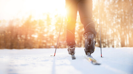 Banner Cross country skiing, winter sport on snowy track, sunset sun light background