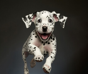 very cute excited little spotted dalmatian dog puppy isolated on gray background