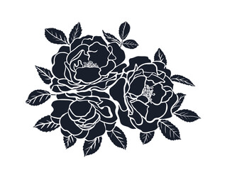 Black silhouette of rose isolated on white background. Rose bouquet stencil. Vector illustration.