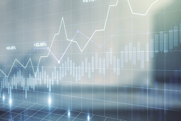 Abstract virtual financial graph hologram on blurry contemporary office building background, financial and trading concept. Multiexposure