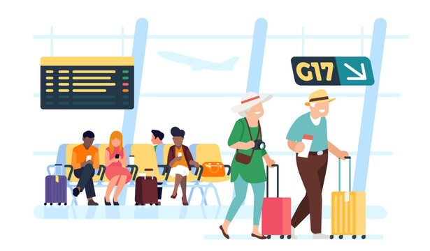 Elderly tourist couple at airport. Grandparents travel by airlines. City transport. Equal accessibility. Senior people boarding plane. Retired man and woman with baggage. Vector concept