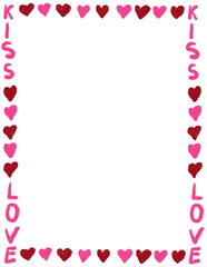 Hand drawn St Valentine Day page frame border. Pink red heart love kiss illustration invitation, graphic curves romantic greeting poster template, cute minimalist decorative design.