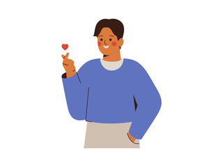 Happy man makes finger mini heart gesture. Asian guy crossed index and thumb fingers with love. Male person say respect with hand gesture. Vector illustration - obrazy, fototapety, plakaty