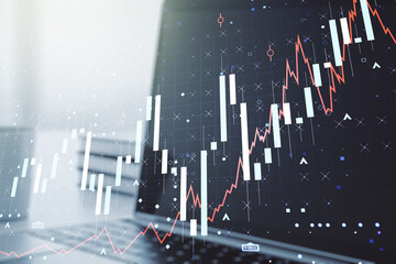 Double exposure of abstract creative financial chart on modern laptop background, research and strategy concept