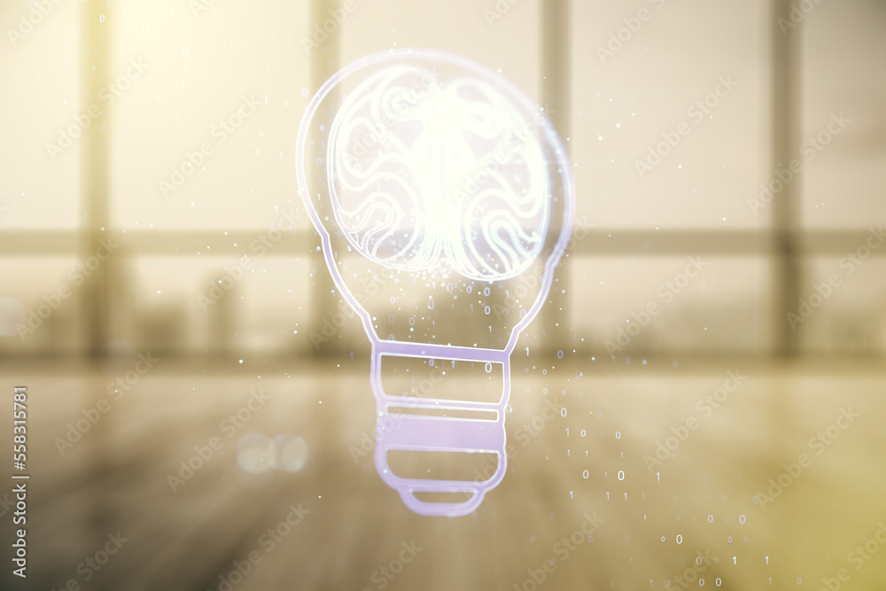 Aufkleber Abstract virtual idea concept with light bulb and human brain illustration on empty corporate office background. Neural networks and machine learning concept. Multiexposure
