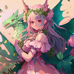 Cartoon cute moe girl full of flower and a dragon. Character Design. Concept Art Characters. Book Illustration. Video Game Characters. Serious Digital Painting. CG Artwork Background. Generative AI
