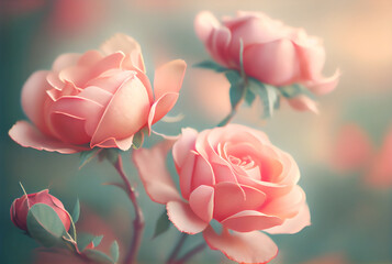 Sweet pink roses in soft color and blur style background image created with Generative AI technology.