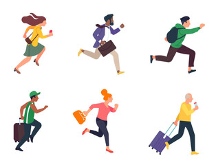 People are late. Persons running with briefcase and suitcase baggage. Hurrying men and women. Fast run of businessman and student. Stressed guys and girls. Vector rushing characters set