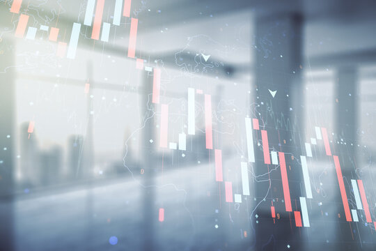 Economic crisis chart and world map hologram on modern interior background, bankruptcy and recession concept. Multiexposure