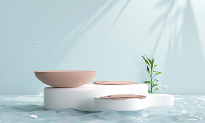 Obraz na płótnie Canvas Podium on the water for product presentation. Natural beauty pedestal, relaxation and health, 3d illustration.