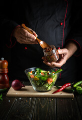 Professional chef adds flavoring to the vegetable salad. Vegetarian food by hands of the cook in the kitchen