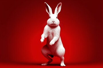 White Watter Rabbit looking straight onto camera on a red background - Year 2023 Chinese Zodiac - Generative AI