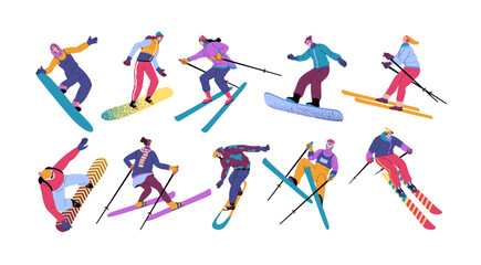 Ski snowboard people, skier characters. Fall snow on downhill, winter man and woman in outerwear skiing or snowboarding. Snowboarder and skier different poses vector cartoon exact collection