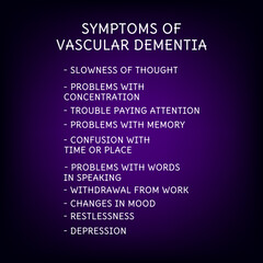 symptoms of Vascular dementia.  Vector illustration for medical journal or brochure. 