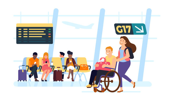 Woman and man with disability boarding plane. Paralyzed person in wheelchair. People travel by airline. Airport terminal hallway. City transport. Equal accessibility. Vector concept