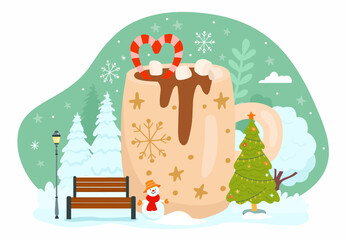 Obraz na płótnie Canvas Christmas snow bench, coffee concept. Mood walk in cold winter, park with bushes. warm cozy huge cup with hot beverage. Mug of hot chocolate. Cartoon flat vector nowaday illustration