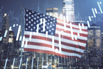 Multi exposure of virtual abstract financial graph interface on US flag and skyline background, financial and trading concept
