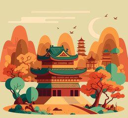 Flat colored design of Chinese background cartoon