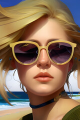 Portrait of a young woman with sunglasses at the beach, digital painting, generative ai