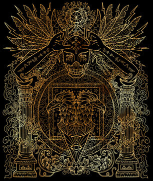 Mystic styled masonic illustration with scary hands, eagles and third eye, occult, esoteric and gothic symbols against black background, Halloween concept