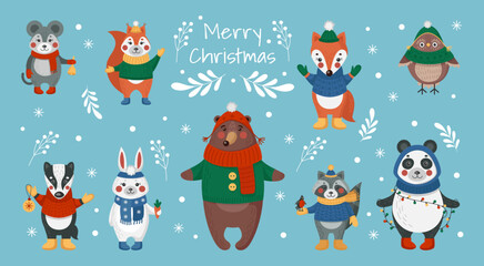 Christmas animals. Cute snow winter. Holiday celebration card. Doodle bear and deer. Xmas forest mammals. Hand drawn snowman and tree. Funny fox in warm hat. Vector tidy illustration