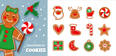 Christmas cookies, xmas gingerbread house and santa. Ginger man and snowman, sweet bread. Reindeer and sock, biscuits and candy. Christmas food. Snacks icons. Vector characters tidy collection