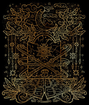 Mystic styled illustration with grave, moon, occult, esoteric and gothic symbols against black background, Halloween concept