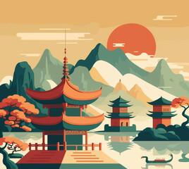 Fototapeta premium Flat colored design of Chinese pagoda background cartoon