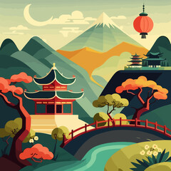 Flat colored design of Chinese pagoda background cartoon