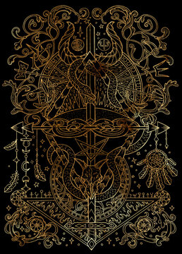 Mystic styled illustration with occult, esoteric and gothic symbols, snake and pentagram against black background, Halloween concept
