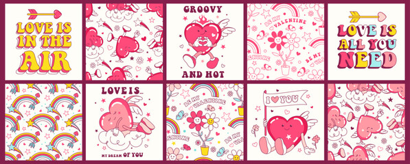Groovy lovely square poster, seamless pattern, stickers with kawaii hearts. Retro print with greeting slogan. Character love concepts, Happy Valentine's day card with fun hippie valentine symbol. - obrazy, fototapety, plakaty