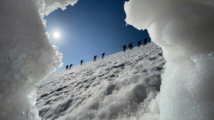 crowded group of mountaineers doing winter climbing